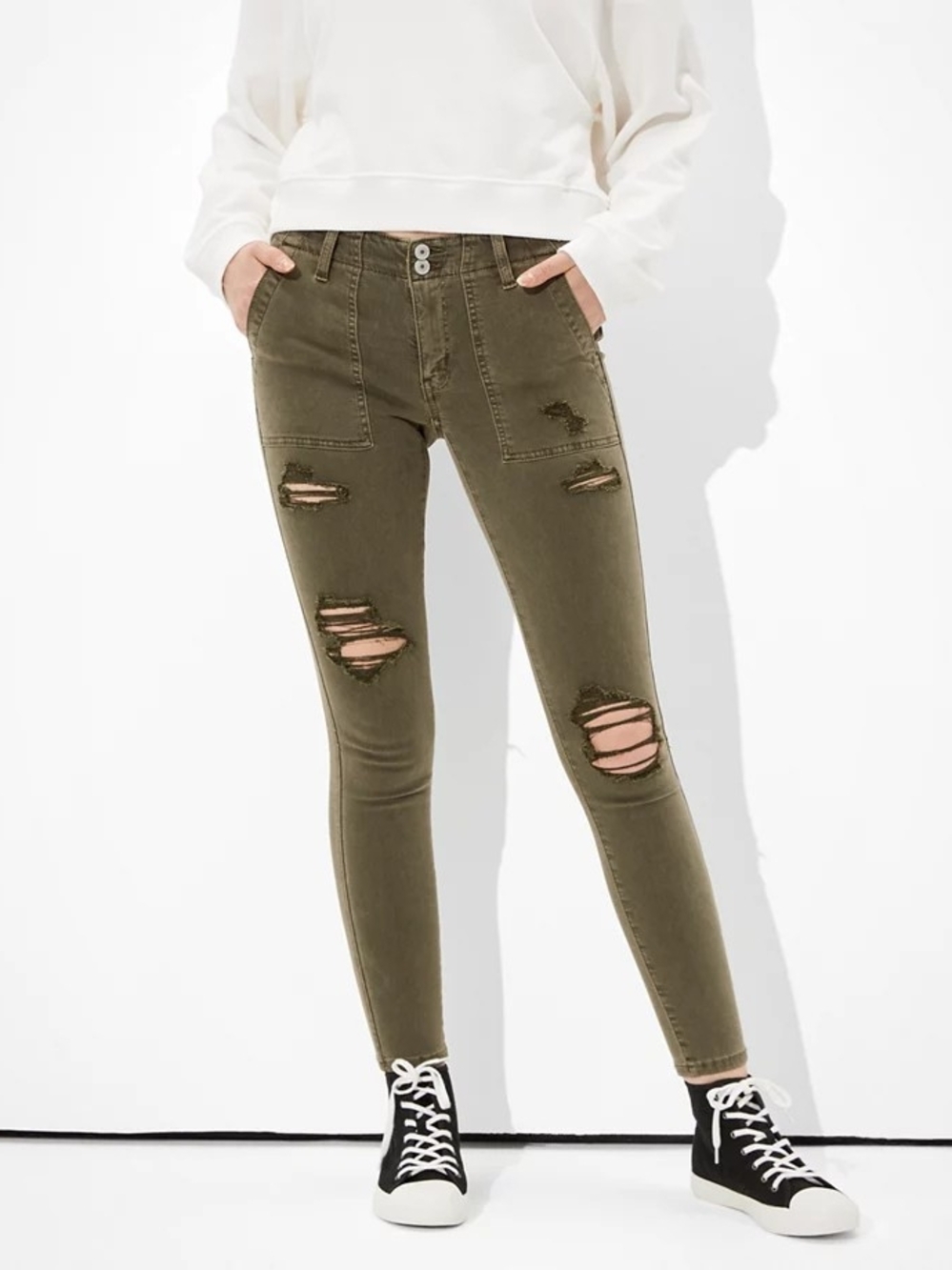 American Eagle Outfitters Olive Green Distressed Skinny Jeans
